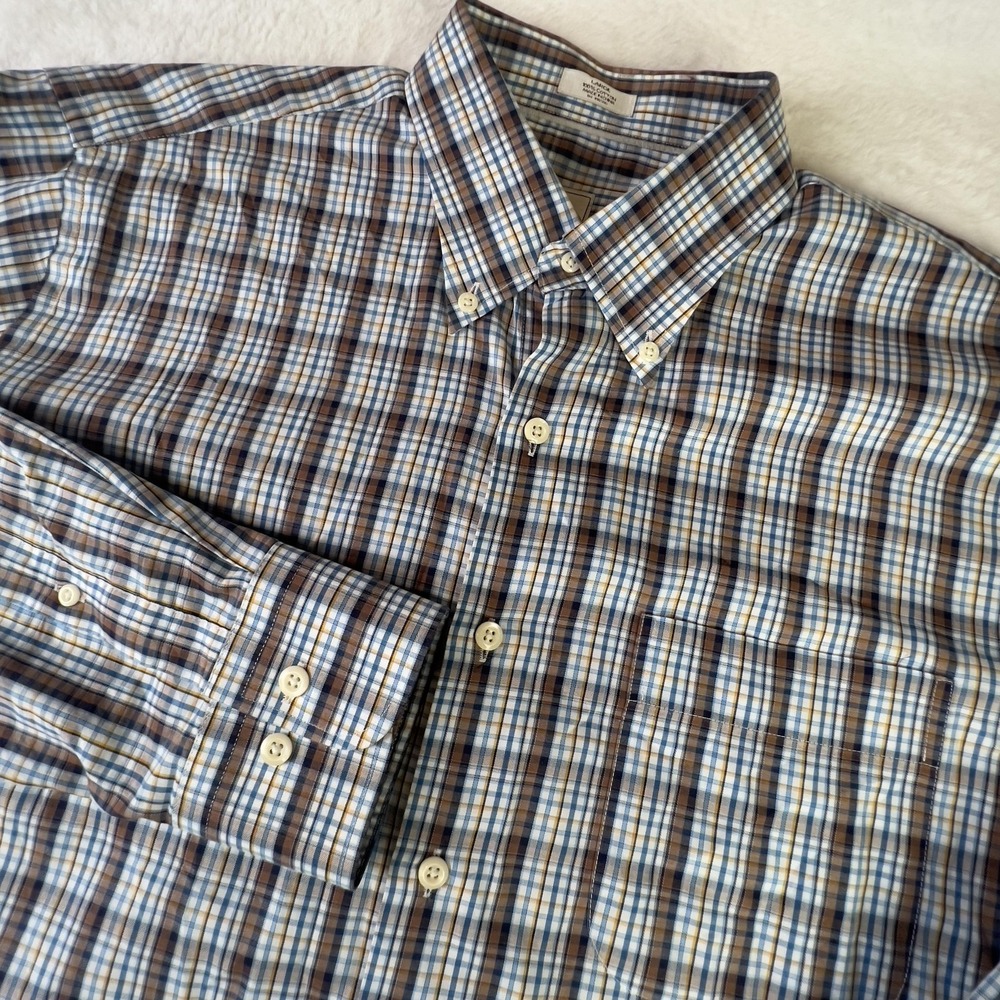 Peter Millar Shirt Mens Large Blue Brown Plaid Button Down Cotton Long Sleeve